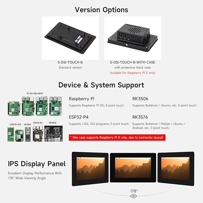 Waveshare 5inch DSI Capacitive Touch Display 720×1280 Pixels IPS Panel 5-Point Touch Optical Bonding Toughened Glass Panel