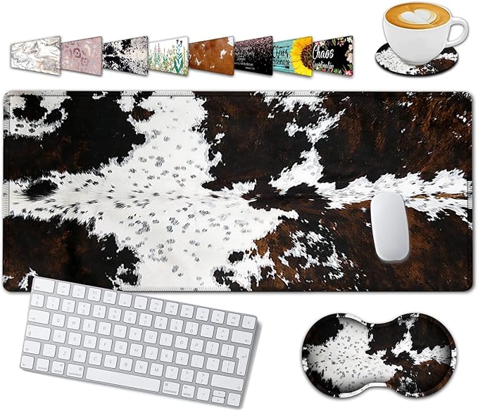 Large Gaming Mouse Pad 31.5x11.8 in Extended Computer Mouse Mat with Non-Slip PU Base Ergonomic Memory Foam Keyboard Wrist Rest for Work &amp Gaming Black and White Cow Fur Office Desk Pad