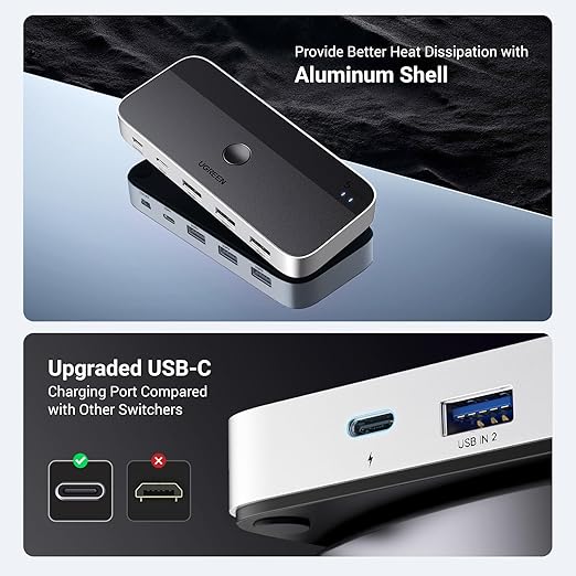 UGREEN USB 3.0 Switch 2 Computers Sharing USB C &amp A Devices 4 Port USB Switcher Sharing Keyboard and Mouse Printer/Scanner USB Switch Hub for Two Computers with 2 USB3.0 Cables and Remote