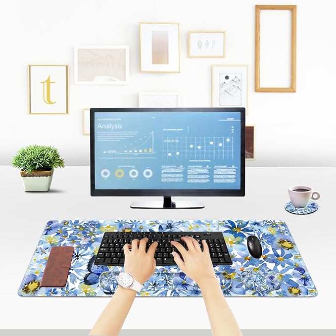 ToLuLu Desk Mat Gaming Mouse Pad Wrist Support 4 in1 Set XXL Large Mouse Pad + Keyboard Wrist Rest + Memory Foam Cushion Mouse Wrist Rest for Pain Relieve + Coaster Computer Butterfly Loves Flower