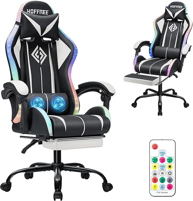 HOFFREE Gaming Chair Massage with LED RGB Lights and Footrest Ergonomic Computer Chair High Back Video Game Chair with Adjustable Lumbar Support Linkage Armrest White and Black