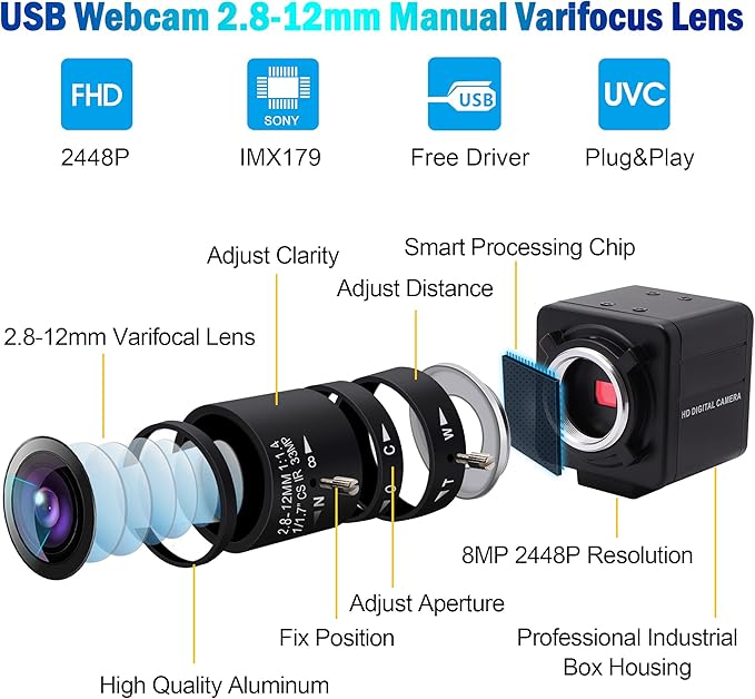 8MP USB Camera with Zoom 2.8-12mm Lens Webcam Variable Focus PC Camera Mini UVC USB2.0 USB with Camera for Computer IMX179 Manual Zoom Close-up Camera Varifocal Web Camera for Raspberry Pi Laptop