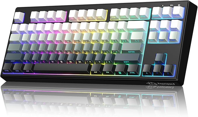 M87V2 87 Keys Membrane Gaming Wireless Keyboard80% TKL Layout Side Printed Keys Retro Cute CreamyRGB Backlit 4000mAh 2.4G/BT/Wired Computer Silent Keyboard for MAC PC-Gradient Black