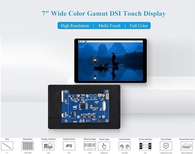 7inch DSI LCD Compatible with Raspberry Pi 5/4B/CM4/3B+/3A+/3B/Compute Module 5/CM5/CM4/CM3+/CM3 1280 x 800 Capacitive Touch Screen IPS Display Optical Bonding Toughened Glass Panel 10-Point Touch