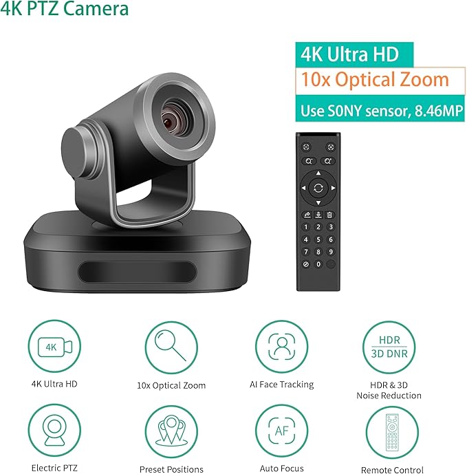 AI Tracking Powered 4K UHD 10X Optical Zoom PTZ Camera Webcam for Live Streaming and Professional Meeting System Zoom Meeting Skype OBS Streaming Webcam with Built-in Mic for PC/Mac/Laptop