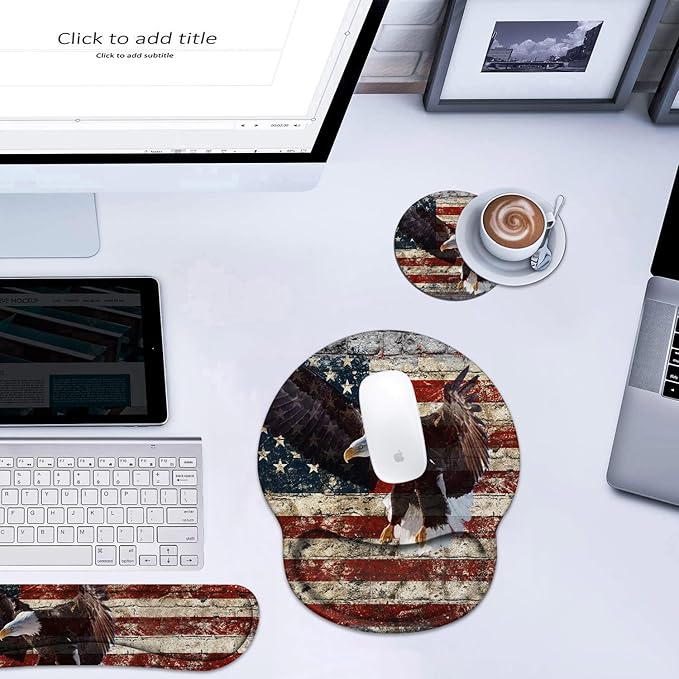 Keyboard Wrist Rest and Mouse Pad Wrist Support Set with Coasters Non-Slip PU Base Easy Typing and Relieve Wrist Pain Perfect for Home Office Working Studying Military Wall Graffiti USA Flag Eagle