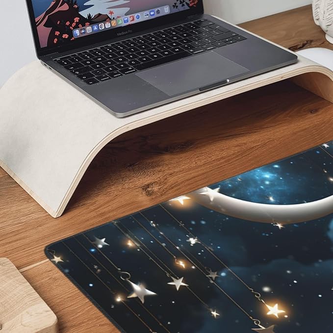 Gaming Mouse Pad Extended Full Keyboard Mat with Stitched Edges Anime Large Desk Pad with Non-Slip Base Nightsky Hanging Moon Stars Mouse Mat for Gaming and Office 16 x 35.5 inches Mousepad