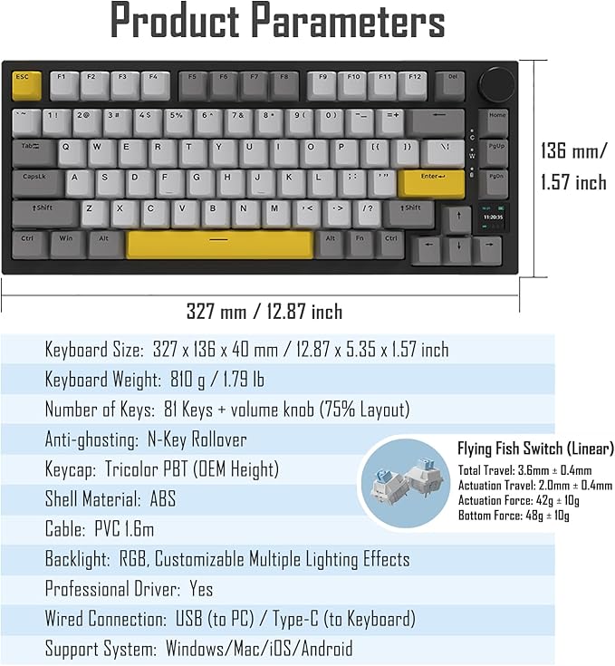 AJAZZ AK820 Pro 75% Gasket RGB Wireless Mechanical Keyboard with TFT Screen Volume knob Bluetooth/2.4G/Wired 3-Modes Compact 82 Hot-Swap Keys Tricolor PBT Keycap 4000 mAh (Gray&ampYellow 3-Modes