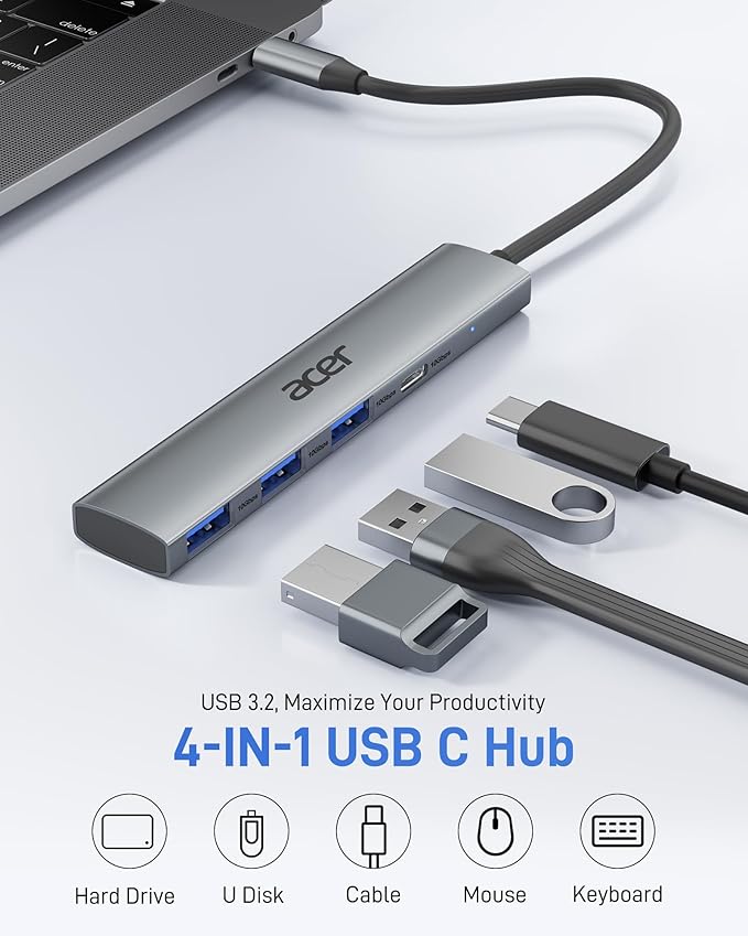 Acer USB C Hub 10Gbps USB 3.2 Gen 2 Adapter with 3 USB-A &amp 1 USB-C Ports High Speed Type C Multiport Splitter for MacBook iPhone 16/15 iPad Surface Pro Chromebook Dell XPS and More