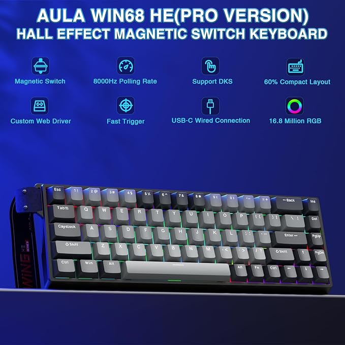 AULA WIN68 HE PRO - Hall Effect Gaming Keyboard with Magnetic Switch Fast Trigger Mode Adjustable Actuation 8KHz Polling Rate Wired RGB Backlit Mechanical Gaming Keyboard 60 Percent Compact Design
