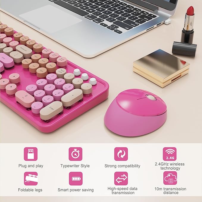 Wireless Keyboard and Mouse Combo Ergonomic Full Size Typewriter Retro Round Keycaps Keyboard Compatible with Windows PC Perfer for Home and Office Keyboards （Red）