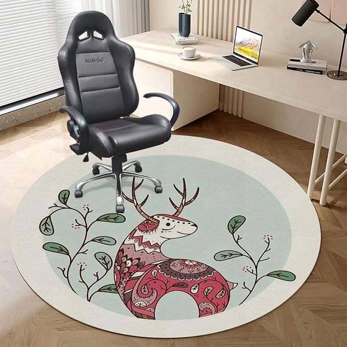 Brown Black PU Leather Chair Mat Hard Floor Protecting Goat Colorful Ornamented Noise Cancelling with Anti Slip Rubber Multi-Purpose Floor Mat for Bedroom Modern Style Diameter 39.4 in