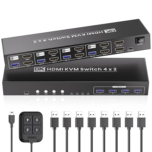 8K@60HZ 4K@120Hz HDMI KVM Switch 2 Monitors 4 Computers with 4 Port USB 3.0 Hub 4 Port Dual Monitor HDMI KVM Switch for 4 Computers Share 1 Set of Keyboard Mouse and 2 Monitors