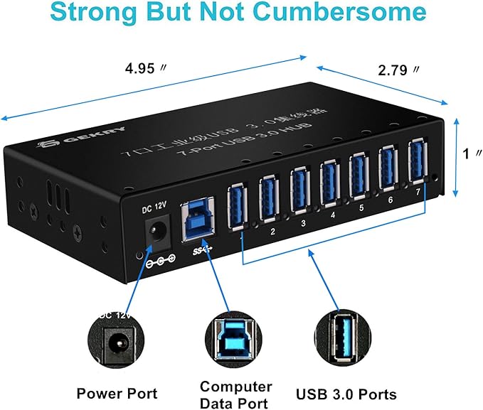 USB 3.0 Hub USB Data Hub Metal Case Mountable 7-Port Powered USB Hub 3.0 with 36W AC Adapter-Type A