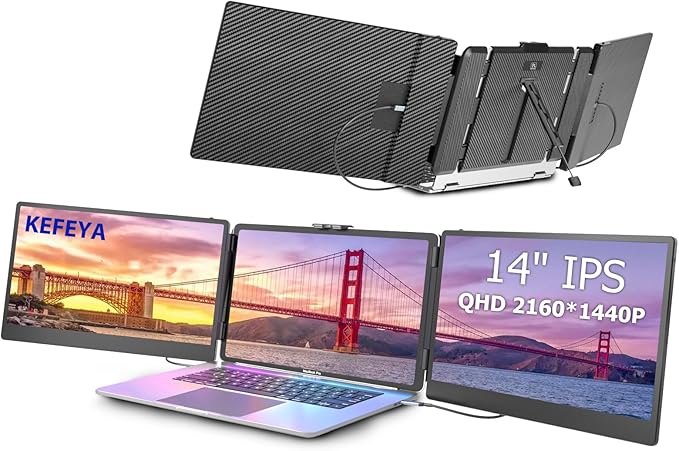 KEFEYA Laptop Screen Extender 14 Portable Monitor for Laptop 1440P QHD Triple Screen Monitor Extender for 13-17 Laptops HDMI/USB-C for MacBook Windows Chrome Switch Plug &amp Play