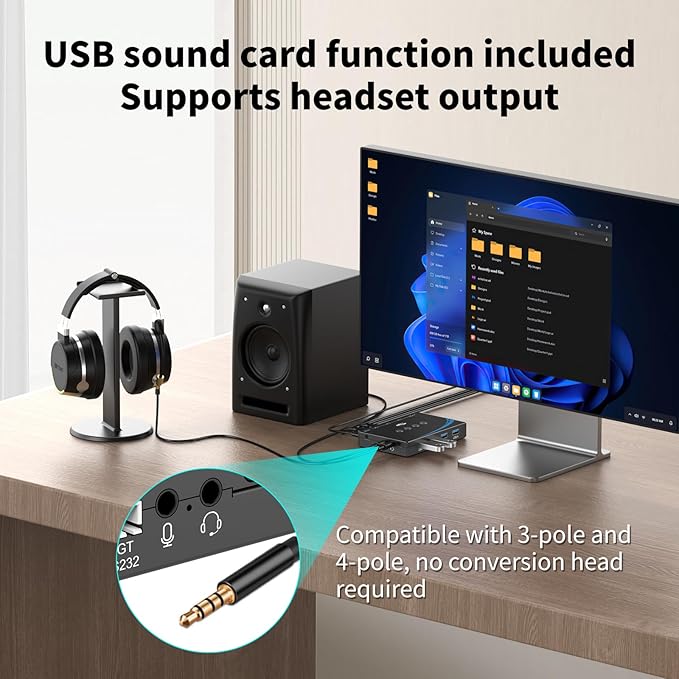 eKL USB 3.0 Switch 4 Computers Share 4 USB 3.0 Ports USB Switcher for PC Laptop Mouse Keyboard Scanner Printer One Button Switch with 3.5mm Headphone Jack and 4 Pack Cables