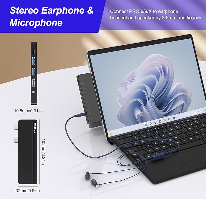 Surface Pro 8/9/X/10/11 Docking Station - Surface Pro 11 USB C Adapter Multiport Hub with 4K HDMI Thunderbolt 4 USB 3.0 SD/TF Reader 3.5mm Audio Surface Pro Copilot Accessories
