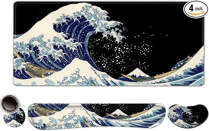 ToLuLu Extended Gaming Mouse Pad Memory Foam Ergonomic Keyboard Mouse Wrist Rest Support Set Large Desk Mat with Stitched Edges Non-Slip Base Mousepad for Home Office Game Study Wave of Kanagawa