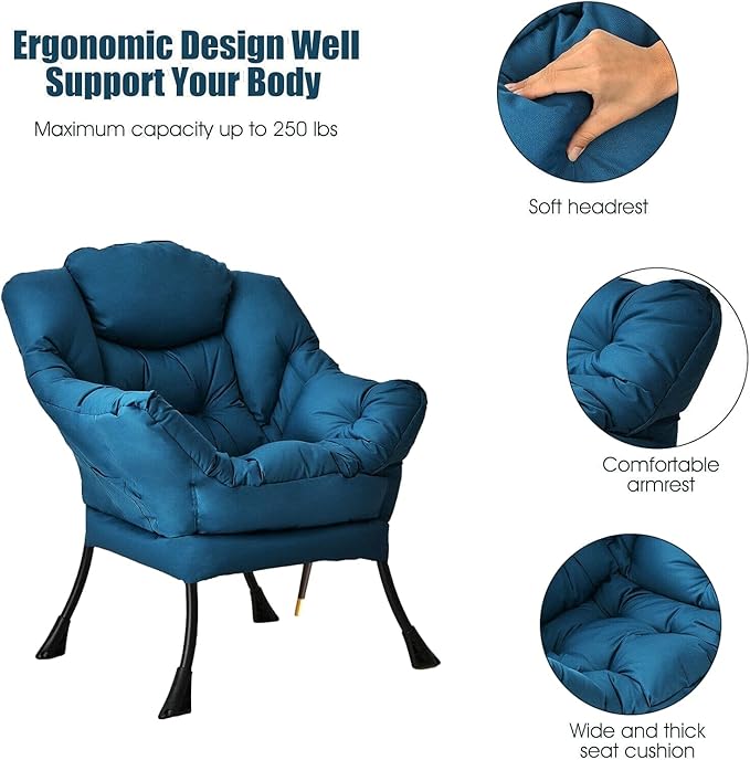 Navy Blue Polyester Fabric Lazy Chair Upholstered Single Sofa Chair With Side Pocket Soft Headrest Thick Seat Cushion Curved Armrest Perfect For Watching TV Relaxing Reading Playing Video Games