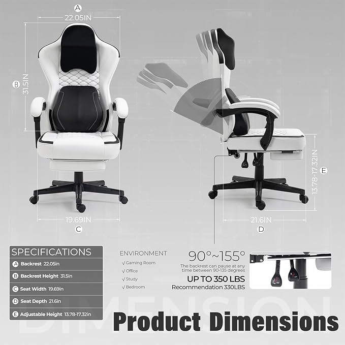Gaming Chair with Heated Massage Lumbar Support Ergonomic Recliner High Back PC Chair Pocket Spring Cushion &amp Footrest 330lbs Capacity Leather Computer Chair for Adult/Heavy PeopleWhite