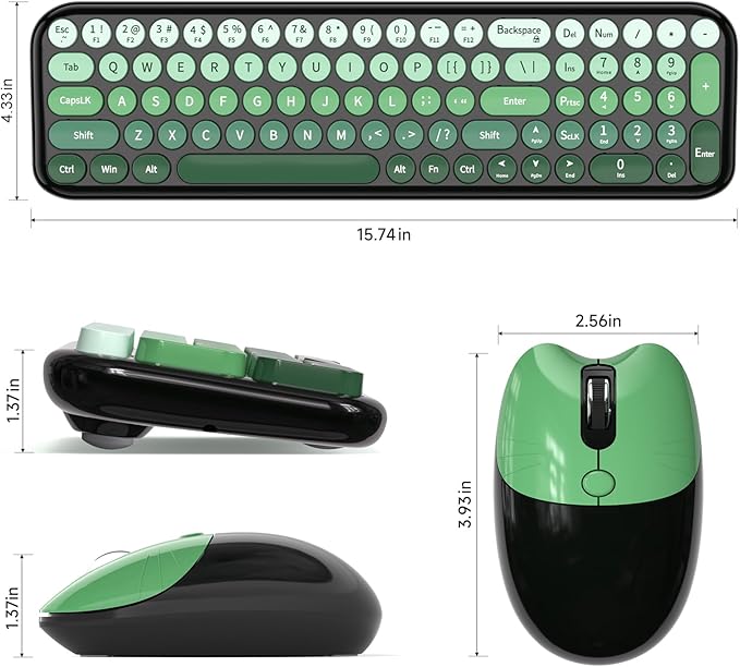 Wireless Keyboard and Mouse Combo MOWUX Compact Typewriter Retro Round Computer Keyboard Cute Optical Mouse Wireless Plug and Play for Laptop PC Computer- Black Green Gradient