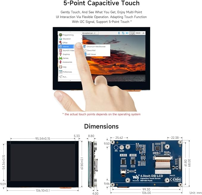 waveshare 4.3inch QLED Display Compatible with Raspberry Pi 5/4B/3B+/3A+/3B/2B/B+/A+/CM3/3+/4 DSI Interface 800 × 480 Resolution Integrated Structure