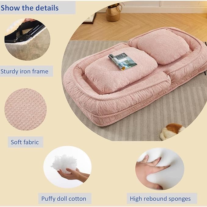 Floor Chair with Back Support Folding Sofa Chair with 5 Adjustable Position Plush Floor Gaming Chair Meditation Chair for Lazy Boys Human Dog Bed for Living Room Bedroom Lounge Pink
