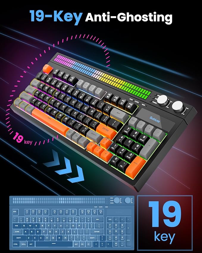 SABLUTE Keyboard Gaming - Audio-Sync RGB Light Strip 19-Key Anti-Ghosting Dual Control Knobs Adjustable Stand Ultra-Low Latency Quiet Mechanical Feel for PC Gamers（Black