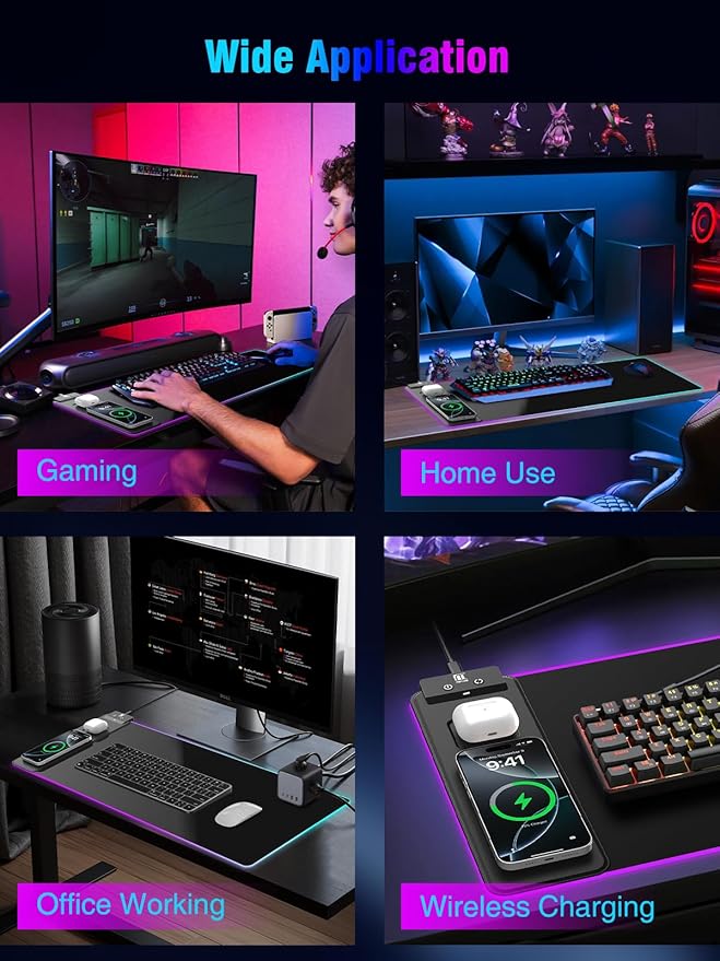 Mouse Pad with Magnetic Wireless Charging Large Desk Pad Protector RGB Black Mousepad Desk Mat with 15W Fast Charger 4mm Thick Non-Slip Waterproof Laptop Writing Pad for Office Home Gaming