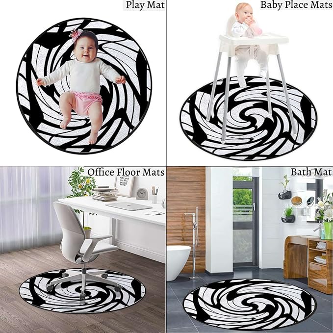 Modern Decor Round Rug for Bedroom Circular Area Rug Washable Throw Rugs Non-Slip Soft Floor Mat for Living Room Sofa Art Geometric Floral Flowers CurvedBlack White Grey Diameter 39.3 in