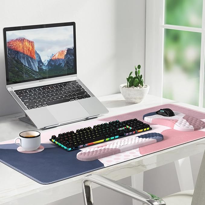 Desk Mat for Keyboard and Mouse Ergonomic Mouse Pad Set Pink Boho Navy