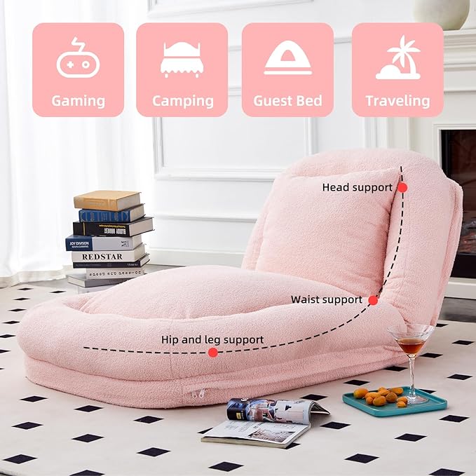 Folding Sofa Chair with 5 Adjustable Positions Plush Floor Lounge Chair for Gaming Meditation and Relaxation (Pink EPU)