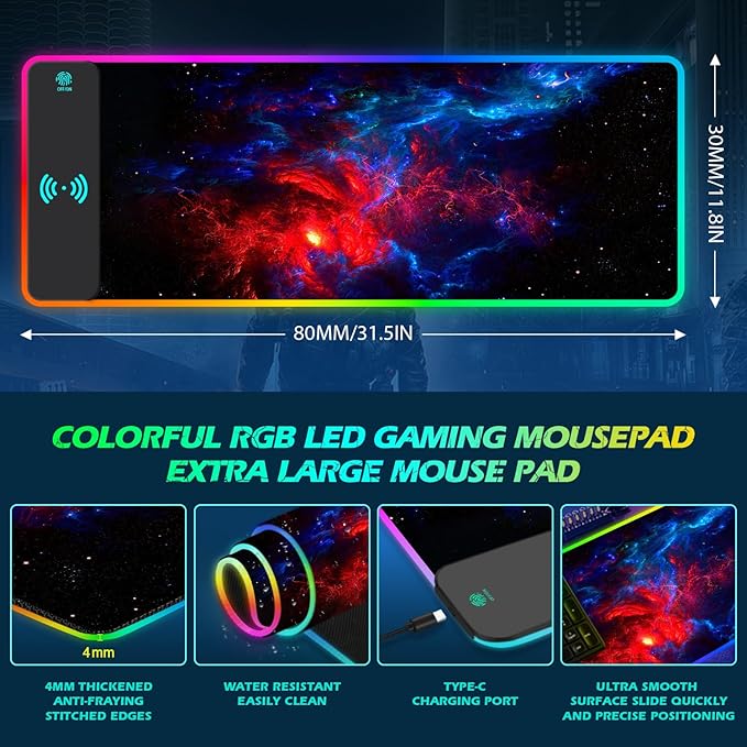 ToLuLu RGB Wireless Charging Gaming Mouse Pad 7.5/10/15W 10 Light Modes LED Mouse Pad Computer Keyboard Mat Mousepad 800x300x4MM Extended Large Desk Pad Desk Mat for Gamer Red Blue Galaxy