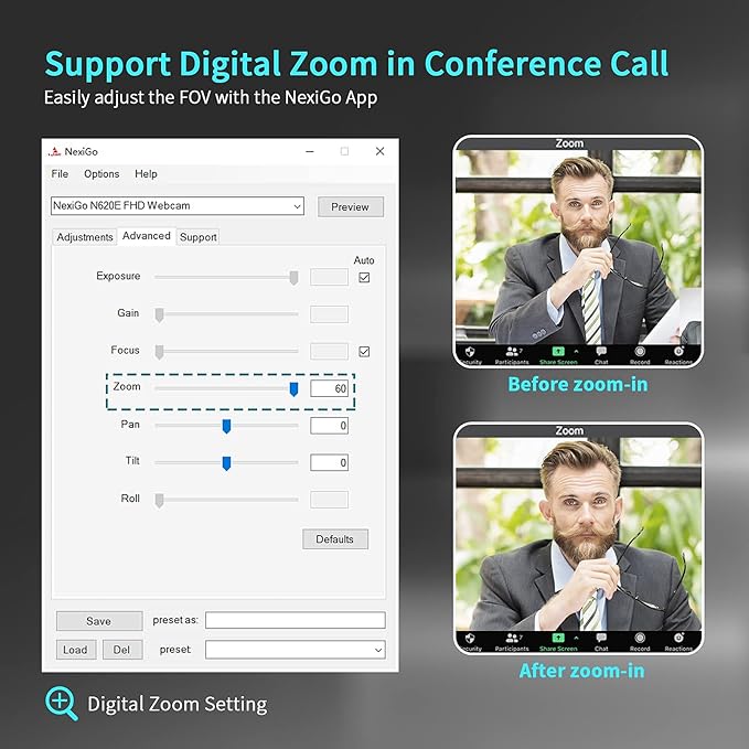 NexiGo N620E Webcam with Light 1080P 60FPS AutoFocus ePTZ 2X Digital Zoom Plug and Play [Software Included] FHD Streaming Web Camera Dual Stereo Mics for Zoom Skype Teams PC Mac Laptop Desktop