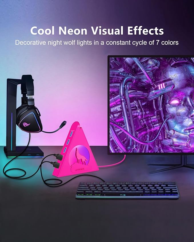 7-Port USB 3.0 Hub JoyReken RGB USB Hub with RGB Night Light and 2ft Cable USB Hub 3.0 Pink USB Expander for Laptop PC Flash Drive HDD Console Printer Keyboard Mouse (Hot Pink)