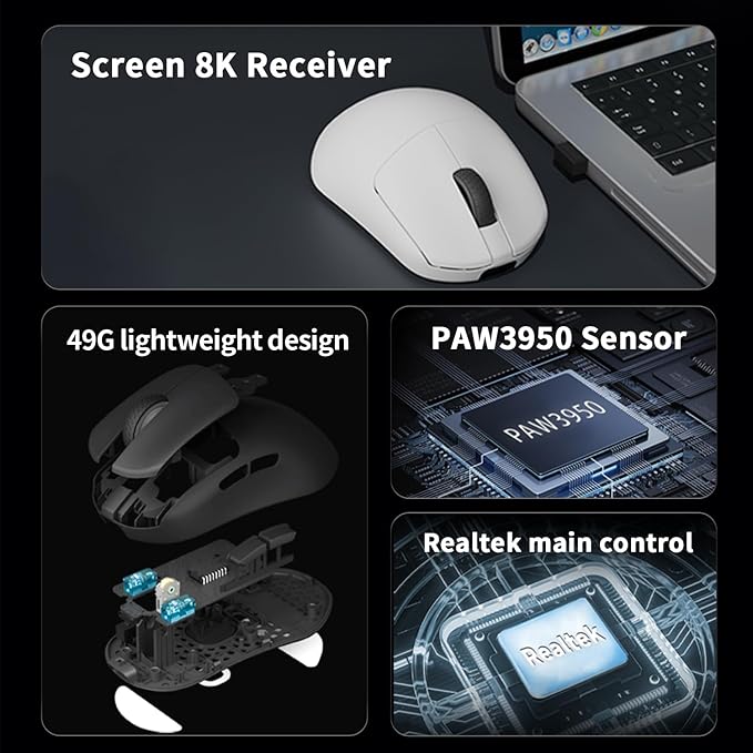 Darmoshark N7 Wireless Gaming MouseTri-Mode 8K/USB-C/BluetoothUp to 30000DPIPAW3950 Optical Sensor Lightweight 49g5 programmable ButtonComputer Mouse for LaptopPCMac(White)