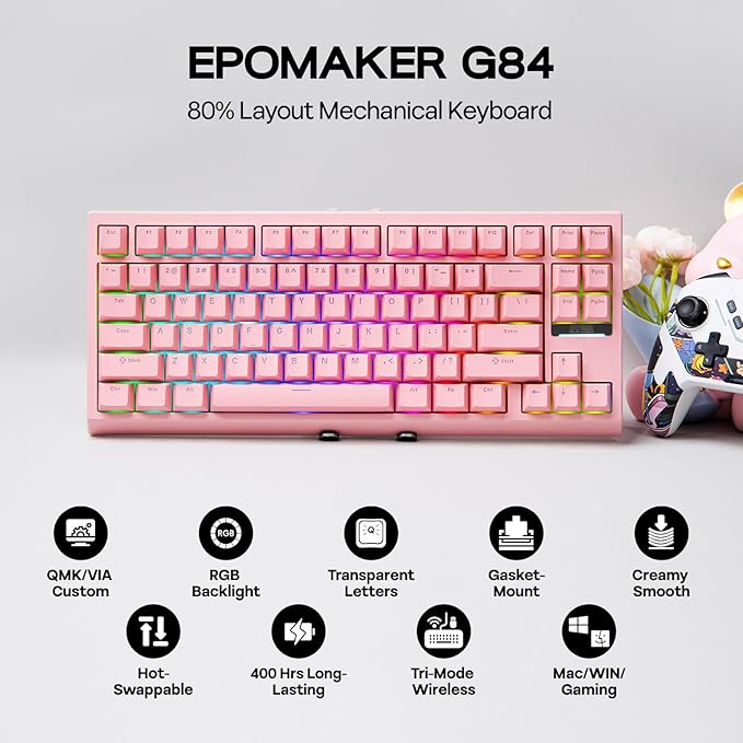 EPOMAKER G84 80% RGB Gaming Mechanical Keyboard 2.4GHz/ Type-C/BT Wireless Keyboard QMK/VIA Programmable Hot-Swappable NKRO with Shine Through PBT Keycaps for Gamers (Pink Creamy Jade Switch)