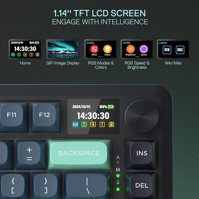 Redragon K724 PRO Wireless Gasket Gaming Keyboard w/Hype Screen &amp Knob 81-Key Mechanical Keyboard Easy-Control 1.14’’ TFT Info Display 5-Layer Noise Dampening Custom Linear Switch Dark Jade C