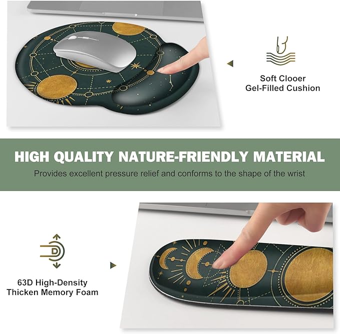 Large Desk Mat Gaming Mouse Pad Desk Pad Protector XXL Mousepad + Keyboard Wrist Rest+Mouse Wrist Rest+Coaster Ergonomic Desk Pad for Home Office Decor Dark Green Gold Moon Phases Constellation