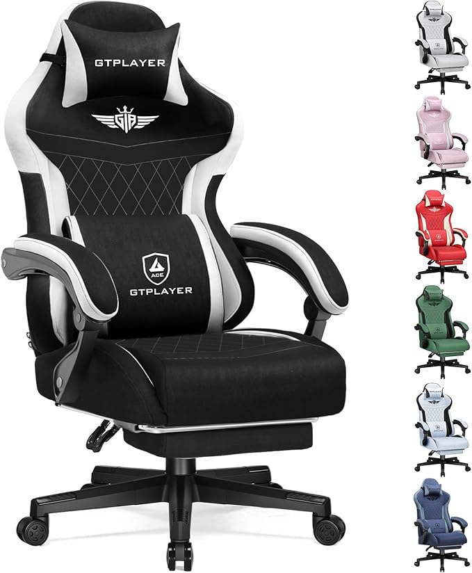 GTPLAYER Gaming Chair with Footrest Big and Tall Game Chair High Back Computer Office Chair with Lumbar Support for Adults Ergonomic Swivel Games Chair with Cushion Gaming Fabric Black