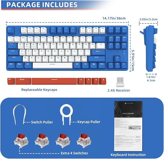 A.JAZZ Wireless Mechanical Keyboard 87 Keys TKL Hot Swappable Bluetooth Gaming Keyboard Dual Mode BT5.0/2.4G with Detachable Frame USB Hub OEM Keycaps Custom Keyboard for PC MAC PS4(Red Switch)