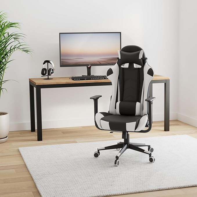 Modern-Depo Gaming Chair with Headrest and Lumbar Support Height Adjustable Swivel Office Chair High-Back Recliner White