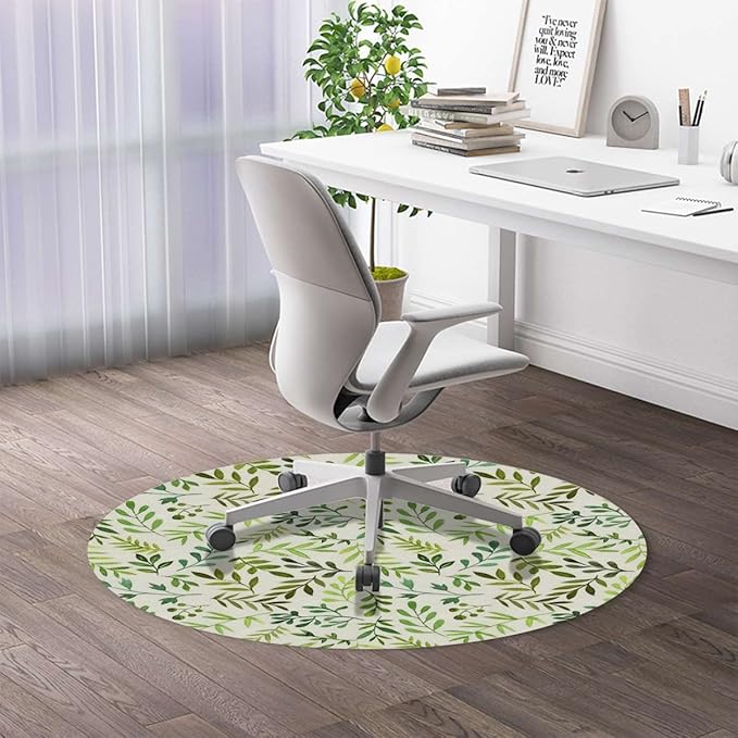 Olive Avocado Green PU Leather Office Chair Mat for Hardwood Floor Computer Chair Mat Green Leaf Watercolor Style for Home/Office Rolling Chair and Computer Desk Romantic Nature Diameter 55 in