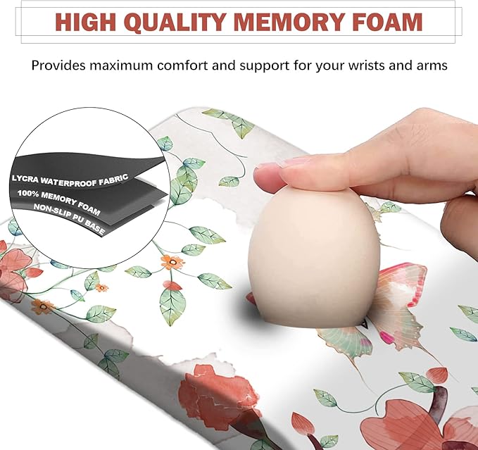 AIMSA Ergonomic Mouse Pad Wrist Rest Support Thick Mousepad Upgraded Memory Foam Pain Relief and Non-Slip PU Base for Home Office Butterfly Flower
