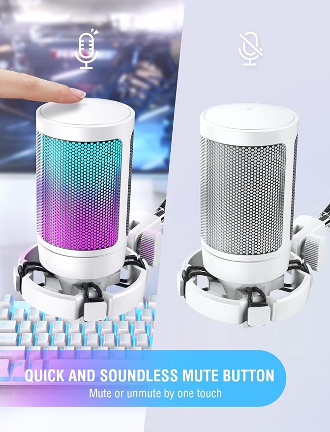 FIFINE AmpliGame USB Microphone PC Gaming Recording Desktop Laptop Mic RGB Streaming Podcasting Condenser Mic for Online Game Vocal with Mute Button Gain Knob Tripod Stand-A6V White