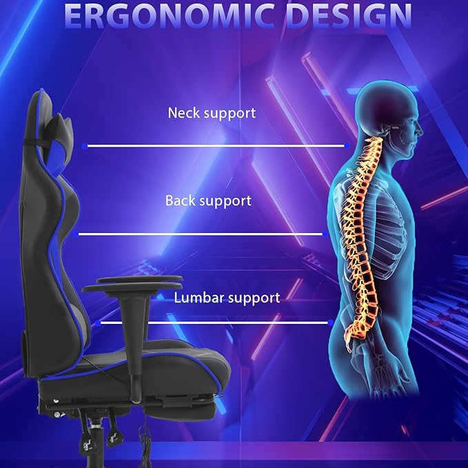 PayLessHere Racing Gaming Chair Office Massage Chair Ergonomic Recliner with Computer Desk PU Leather Lumbar Support Footrest Rolling Swivel and Task Function Ultimate Comfort for Adults (Blue)