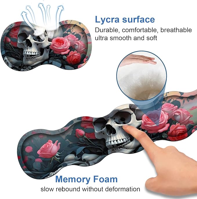4 in 1 Ergonomic Memory Foam Mouse Pad Wrist Rest Set Large XXL Gaming Desk Pad + Keyboard Wrist Rest + Mouse Wrist Cushion + Coaster for Home Office Study Gaming Skull Roses