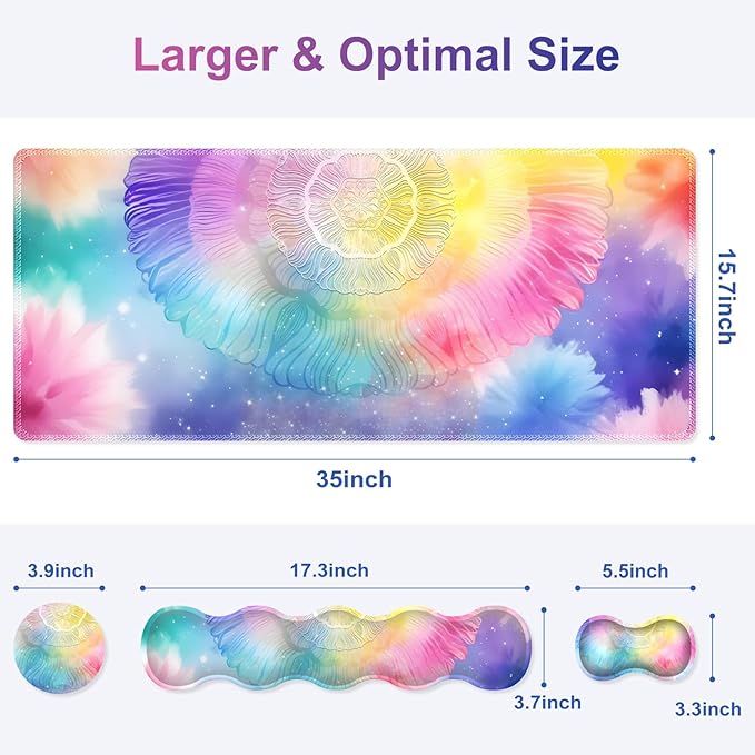 Desk Mat Gaming Mouse Pad Cute Desk Matt Keyboard Wrist Rest for Desktop Anti-Slip Big Mousepad Stitched Edges XXL Large Mouse Pad with Wrist Support for Home Office Computer I Dreamy Colors