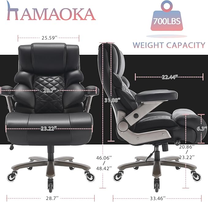 700lbs Big and Tall Office Chair - Adjustable Lumbar Support Heavy Duty Metal Base Quiet Rubber Wheels High Back Large Executive Computer Desk Swivel Chair Ergonomic Design for Back Pain Black