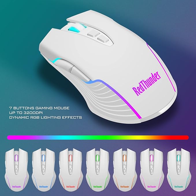 RedThunder K10 Wireless Gaming Keyboard and Mouse Combo LED Backlit Rechargeable 3800mAh Battery Mechanical Feel Anti-ghosting Keyboard + 7D 3200DPI Mice for PC Gamer (White)